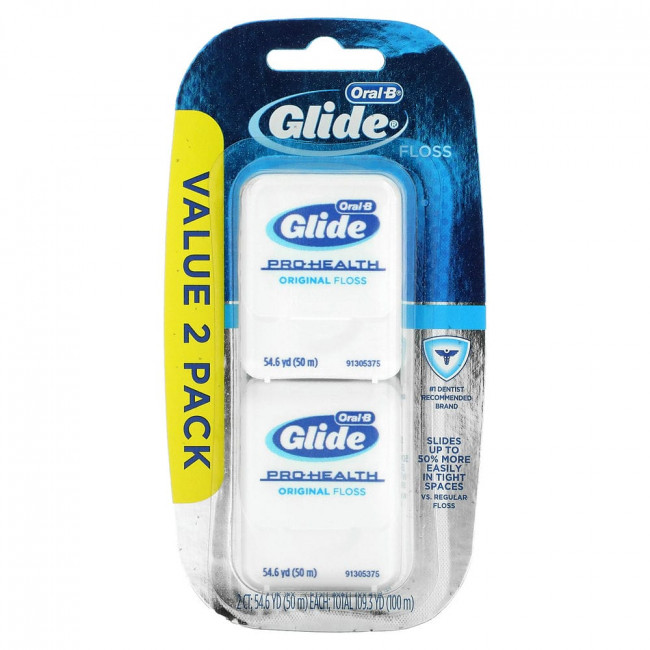 Oral-B, Glide, Pro-Health, оригинальная зубная нить, 2 Ct, 54,6 ярда (50 м) каждая Oral-B, Glide, Pro-Health, оригинальная зубная нить, 2 Ct, 54,6 ярда (50 м) каждая
