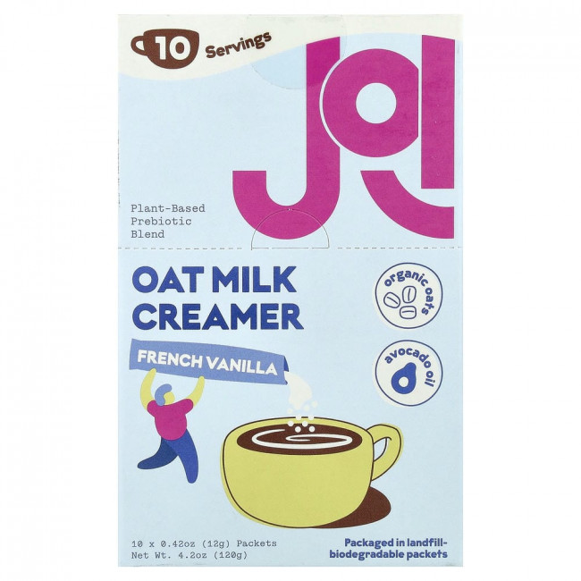 JOI, сливки для кофе на основе овсяного молока, французская ваниль, 10 пакетиков по 12 г каждый.