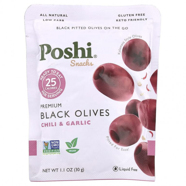 Poshi, Snacks, черные оливки премиального качества, перец чили и чеснок, 30 г (1,1 унции)