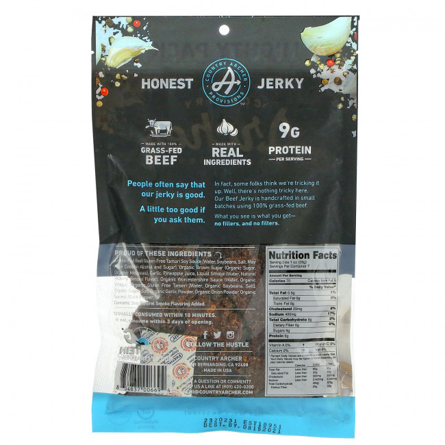 Country Archer Jerky, вяленая говядина травяного откорма, оригинальный вкус, 198 г (7 унций)