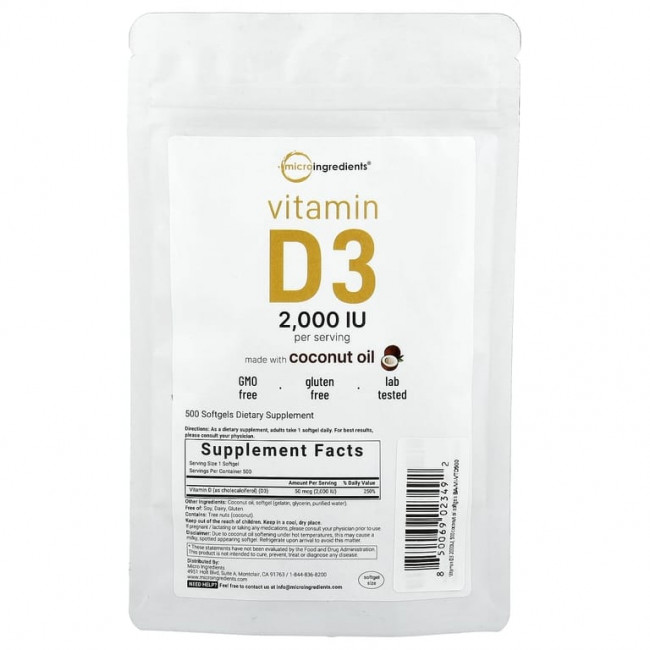 Micro Ingredients, витамин D3, 2000 МЕ, 500 мягких таблеток